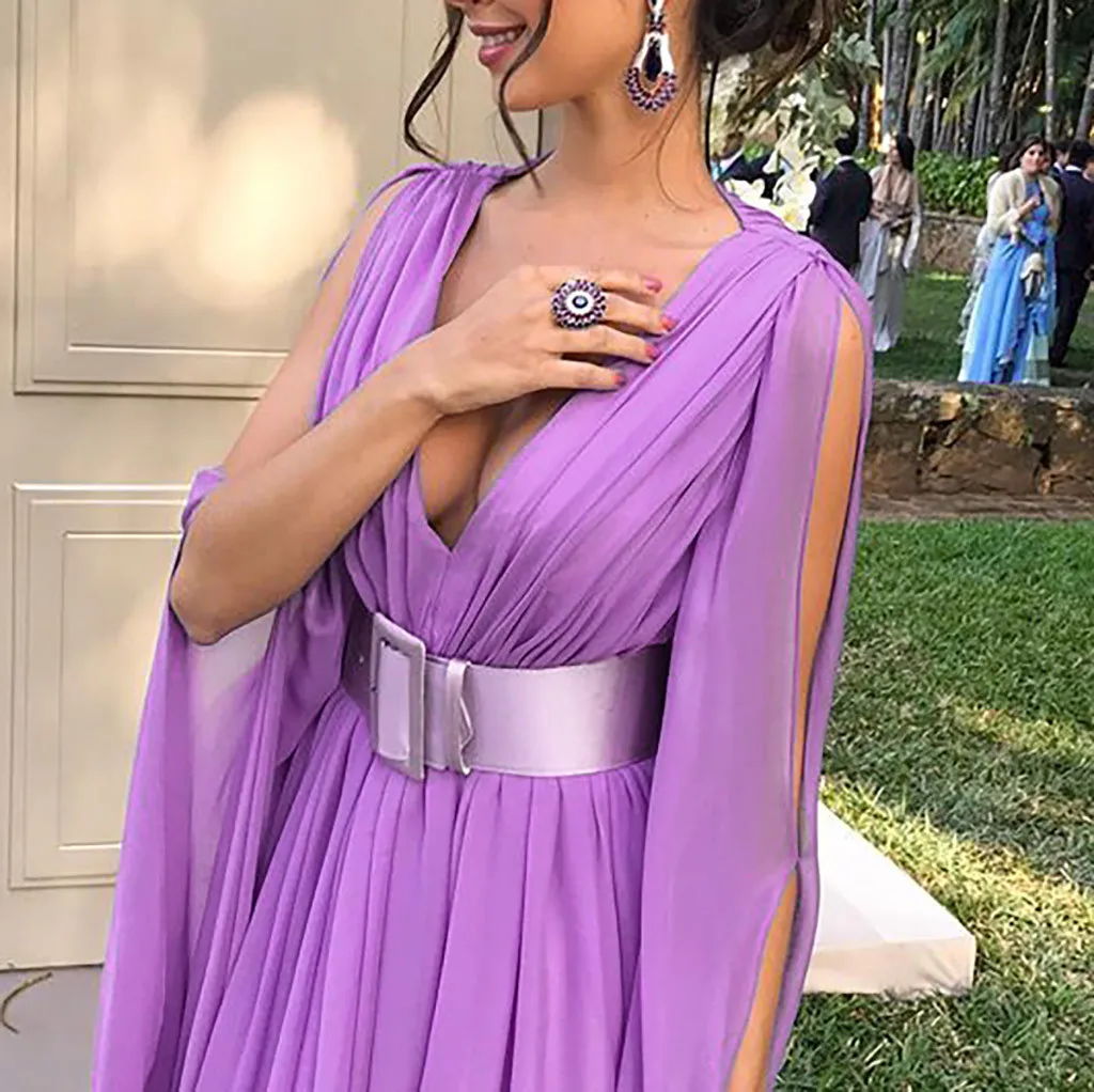 Женское вечернее платье без рукавов длинное фиолетовое с глубоким v образным