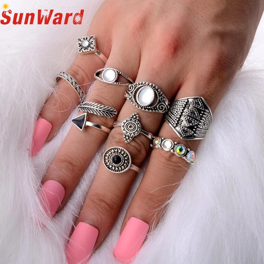 Fashion Rings joint ring suit 10pcs/Set Women Bohemian Vintage Silver Stack Above Knuckle Blue Set db8 p30 | Украшения и