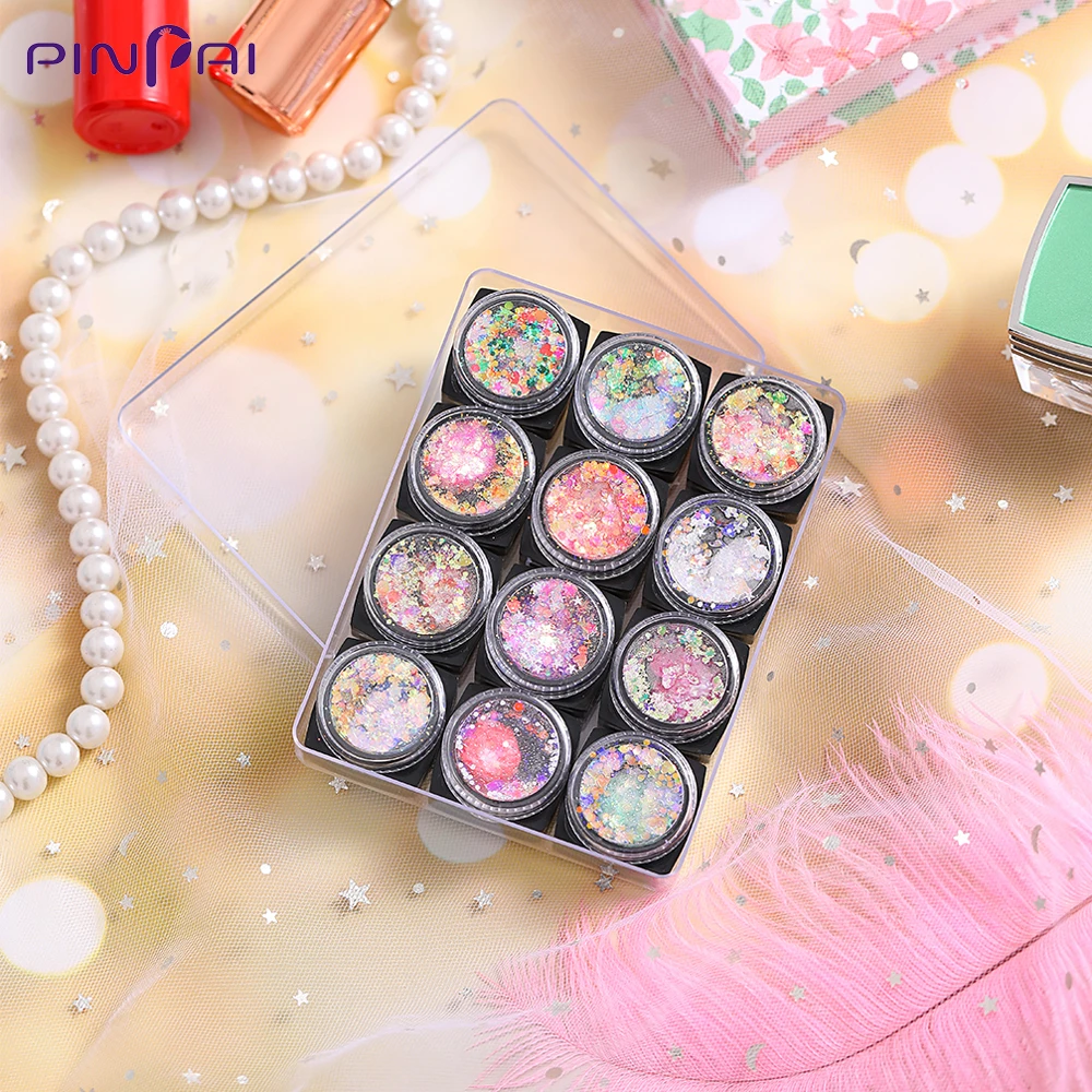 12 шт./компл. с голографическим блеском для ногтей блестки порошок в виде звезды