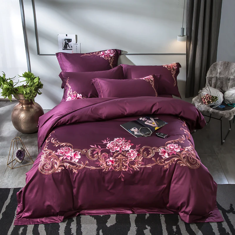 

2018 Product 100% Egyptian Cotton purple blue Bedding Sets Duvet Cover Sets Palace embroidery Bed Linens Flat Sheet pillowcase
