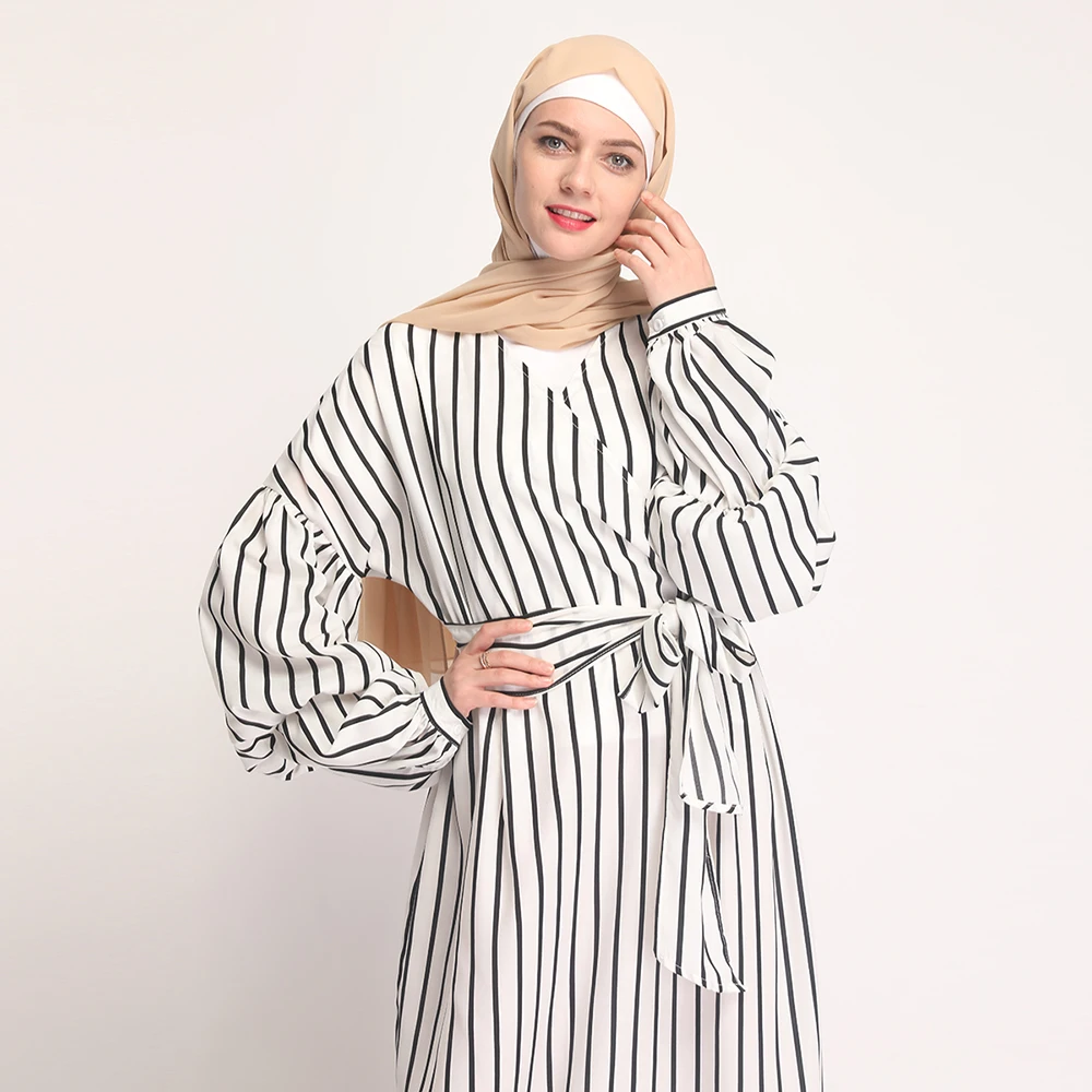 Повседневные мусульманские полосатые платья Abaya кардиган кимоно длинное платье