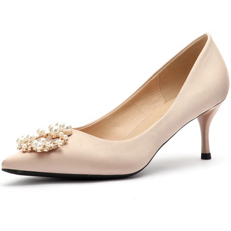 Women Wedding Shoes High Heels Shoes Woman Bride Silk String Bead Thin High Heels Pint Toe Slip On Elegant Crystal Red Pumps