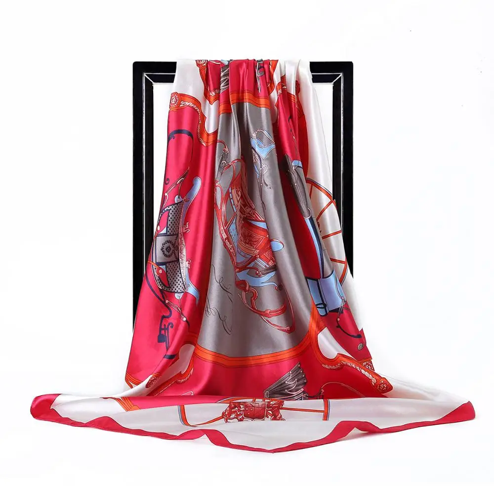 

Large Silk Scarves For Women Fashion Print Satin Hijab Scarfs Female 90cmx90cm Luxury Brand Square Shawls Head Scarfs For Ladies