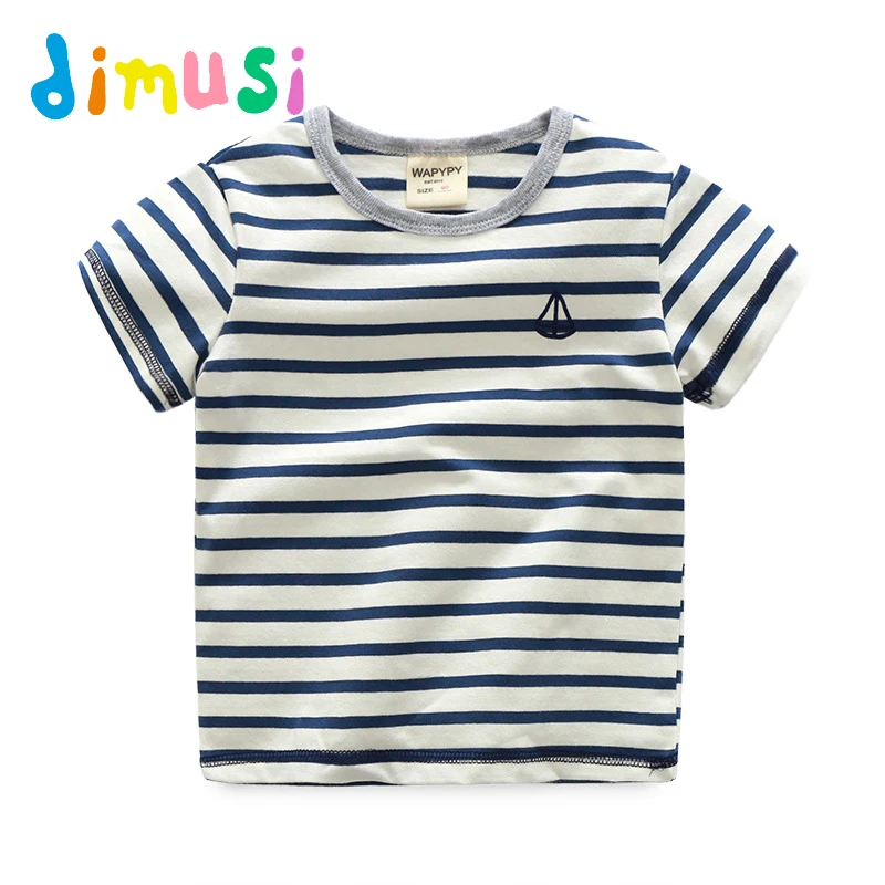 

DIMUSI, короткая футболка для мальчиков, 100% хлопок, Детская футболка, топ с коротким рукавом, Детские футболки в полоску с принтом для детей BC210