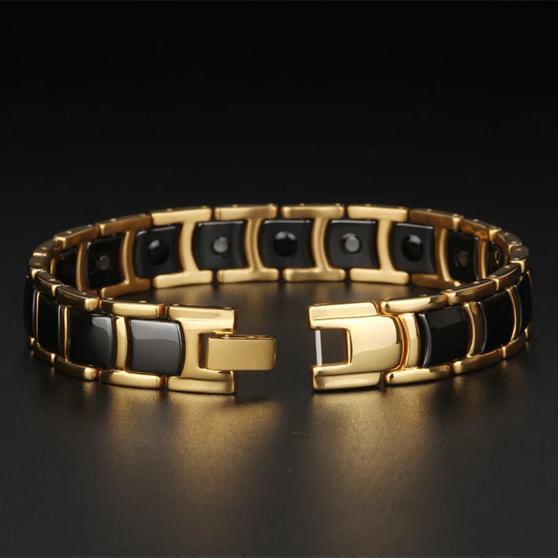 TrustyLan Golden Stainless Steel Handmade Jewelry Classic Link Magnetic Bracelet Men Health Friendship Mens Ceramic Bracelets
