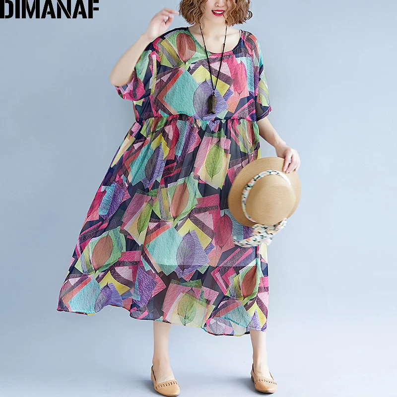DIMANAF женское платье, летнее, размера плюс, шифон, Пляжное, праздничное, Vestidos Femme, элегантное, женское, сарафан, Большая одежда,, с подкладкой
