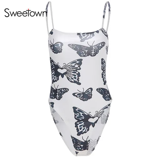 as picture Sweetown бабочка печати с открытыми плечами облегающий костюм для женщин тонкий сексуальный мода Nova женщина спагетти комбинезон на бретелях Летний комбинезон - Цвет: as picture