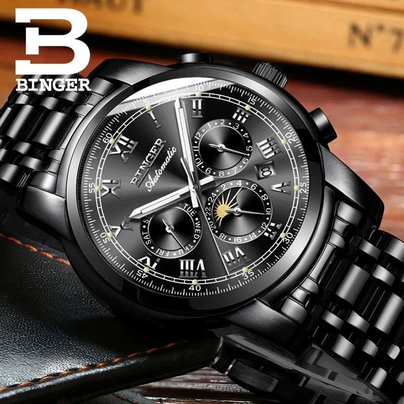 Luxury Watch Men Black Stainless Steel Automatic Mechanical Waterproof Multifunction relogio masculino Luminous Calendar|calendar|calendar