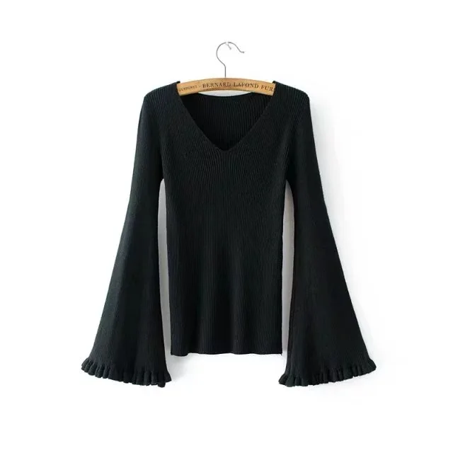 2017 Autumn New European Style Women Fashion V-Neck Long Flare Sleeve Solid Color Casual Knitted Pullovers Sweater | Женская одежда