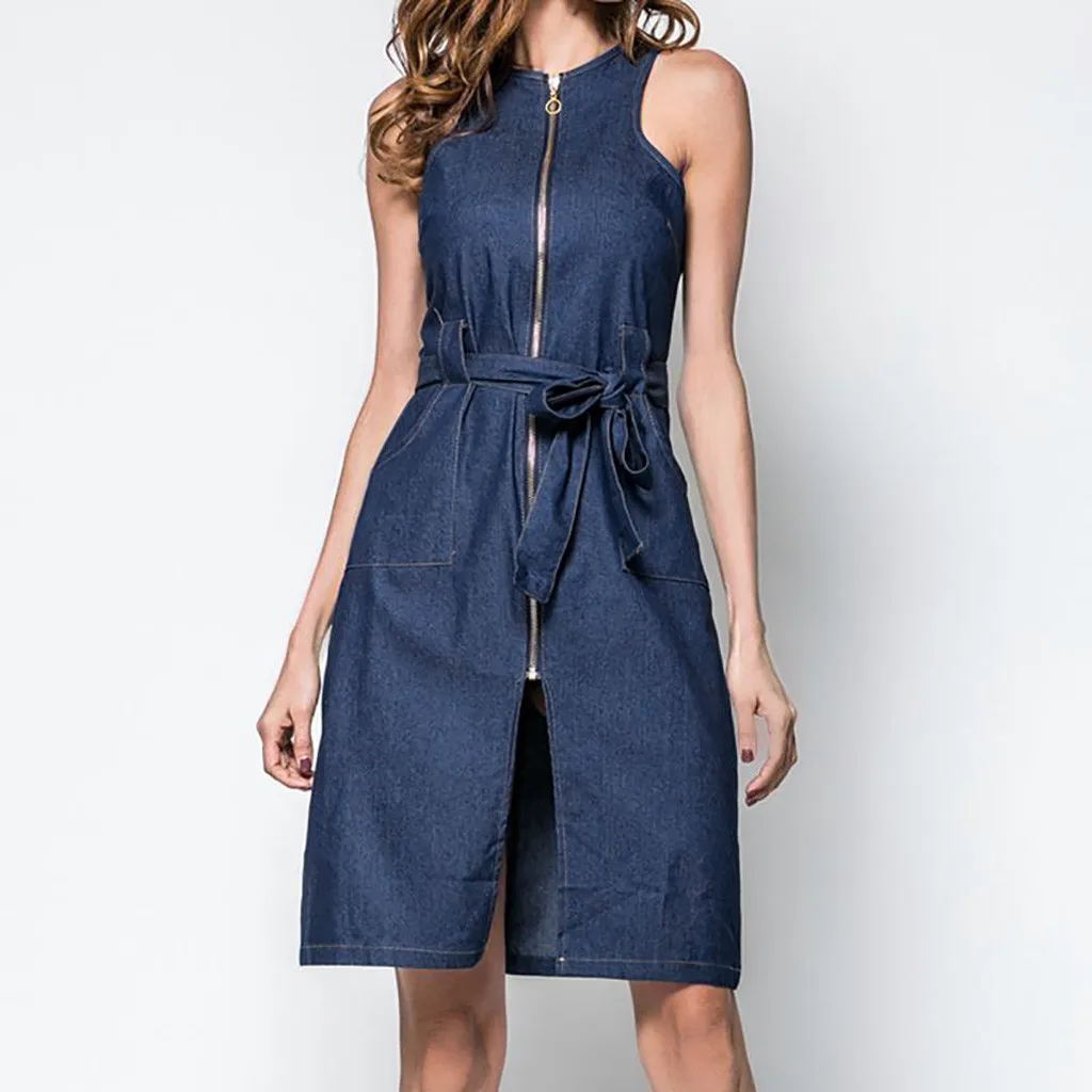 2019 Fashion Ladies Jeans Dress Summer Round-Necked Cardigan Open-Ended Sleeveless Jurken Zomer Vestido E55 | Женская одежда