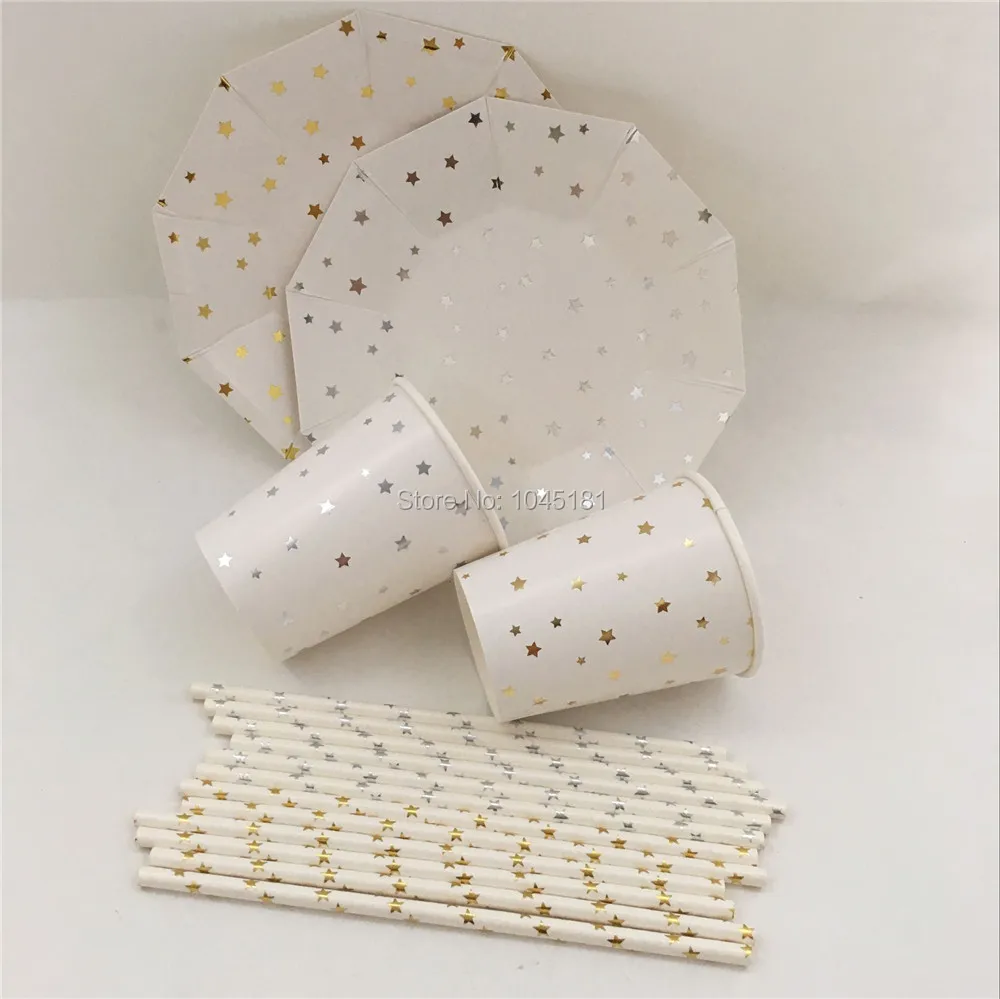 

Party Paper Dessert Tableware Glitter Gold Silver Star Plates Foil Gold Paper Drinking Straws Candy Cups for Bridal Shower