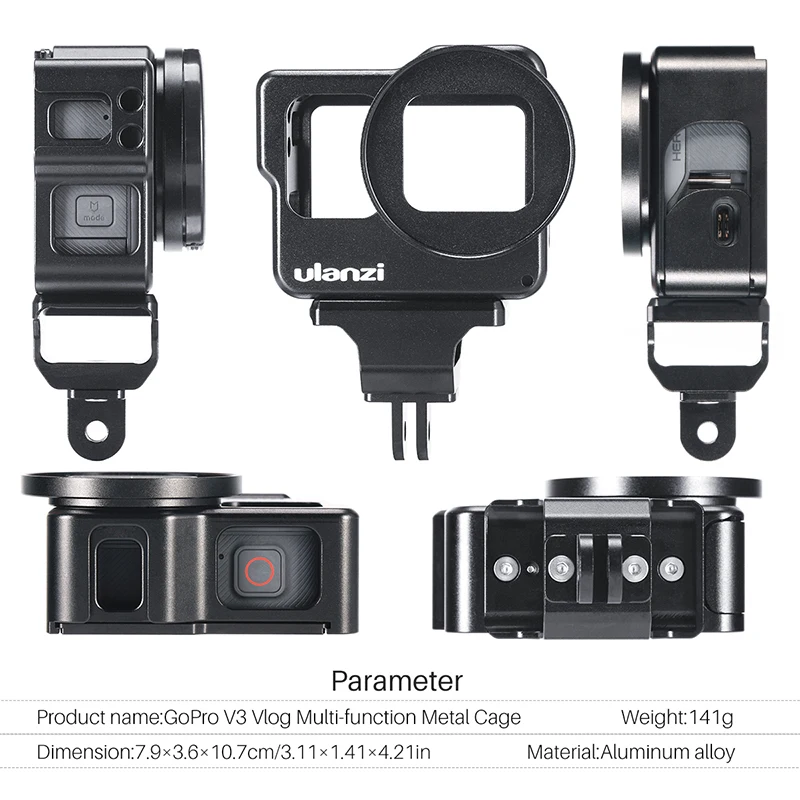 Ulanzi V3 Vlog Case Metal Cage for Gopro 7 6 5 Vlogging with 52MM Lens Filter Mic Power Adapter Cold Shoe Microphone |