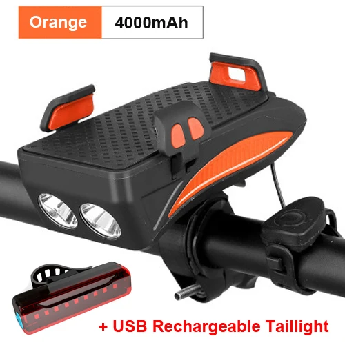 Set 4 Orange 4000mAh Велосипедный светильник NEWBOLER с подзарядкой от USB, флэш-светильник, держатель для телефона, велосипедный светильник высокого качества 2000/4000 мАч, внешний аккумулятор, велосипедный рожок, светодиодный светильник - Цвет: Set 4 Orange 4000mAh