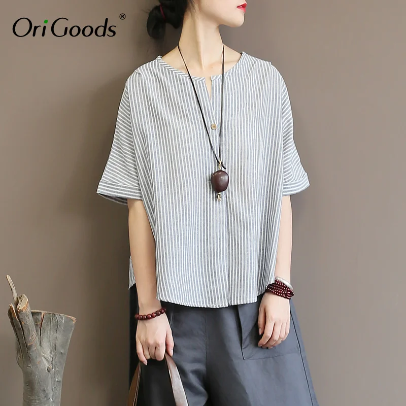 OriGoods Striped Shirt Summer Blouse Women Short sleeve Batwing Loose Causal Plus size Blusas Tops A349 |