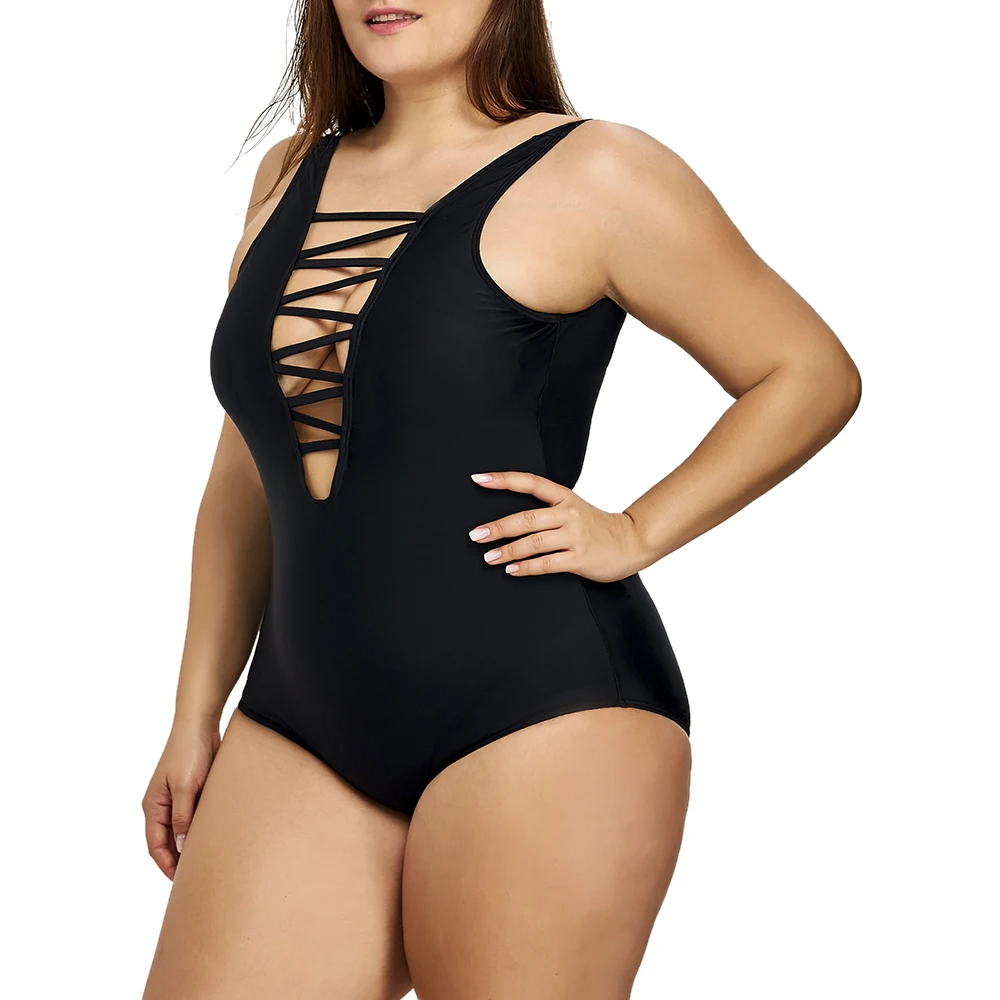 2018 плюс размер цельный купальник женский на шнуровке с открытой спиной больших