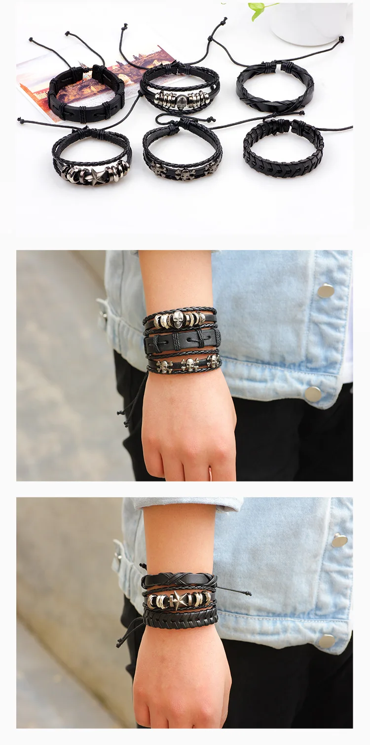 6Pcs/Lot Punk Skull Leather Bracelets for Men Jewelry Tritium Bracelet Braclet Male Braslet Women Anime One Piece Biker Jewelry