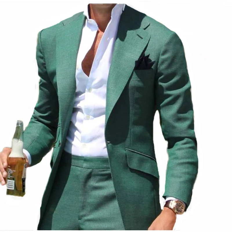 Мужской зеленый костюм на одной пуговице из 2 предметов приталенный смокинг для