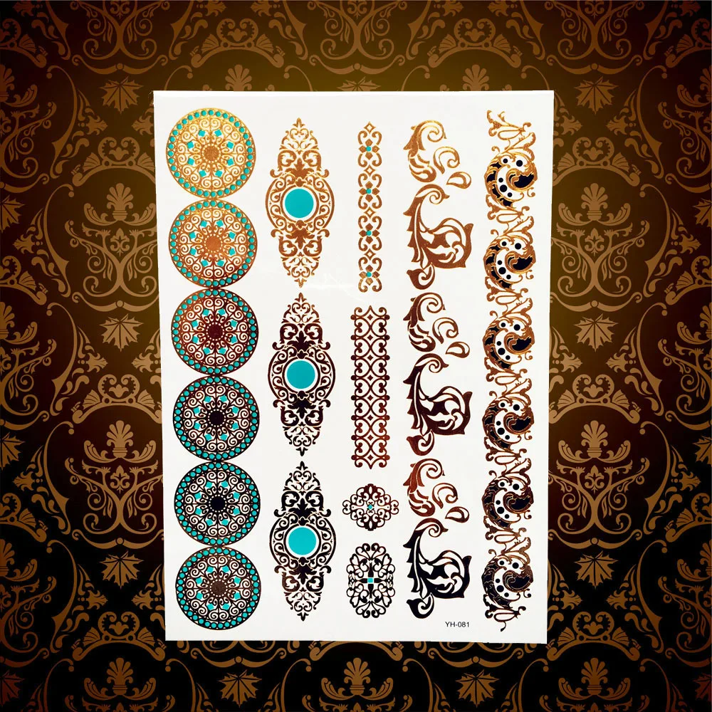 1PC Indian Women Henna Gold Metallic Tattoo Peacock Feather Flash Gecko Bracelet Lace Arm Chain Temporary Stickers | Красота и