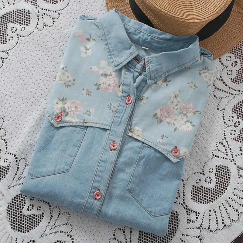 Осенняя винтажная джинсовая рубашка с вышитыми розами для девочек повседневные