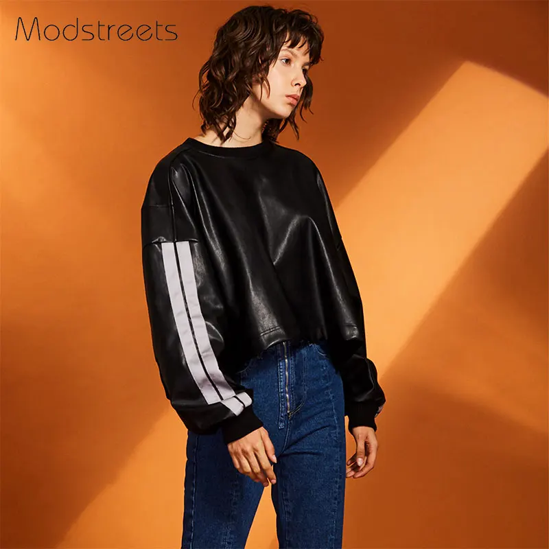 Женские толстовки с капюшоном Modstreets черные из искусственной кожи длинным