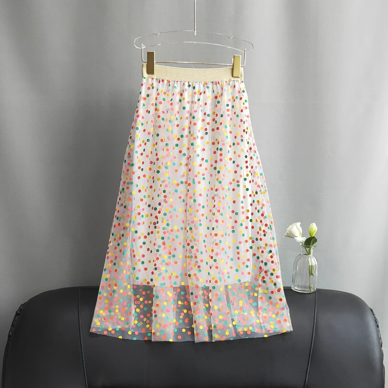 colorful skirts Korobov Харадзюку лето новая Бохо Линия Тюль юбка высокая Талия Длинные сетчатые юбки корейские радужные в горошек плиссированная юбка 77955 - Цвет: colorful skirts