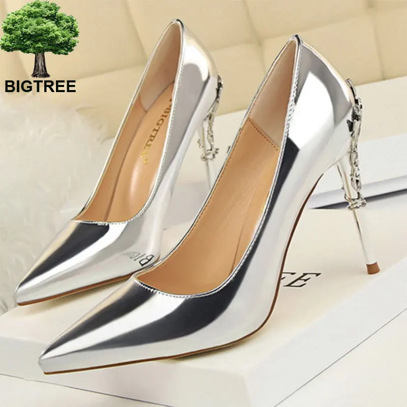 

Bigtree Classic Metal Carved Heels Women's Party Shoes Shallow Patent Leather Fashion Women Pumps Pointed High Heels Shoes 10cm