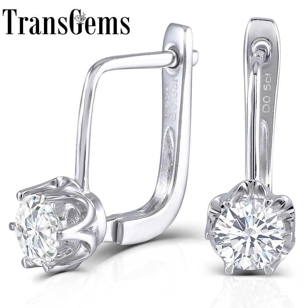 Серьги-кольца Trangems с платиновым покрытием из стерлингового серебра 1ctw 5 мм HI color moissanite с искусственным бриллиантом для женщин