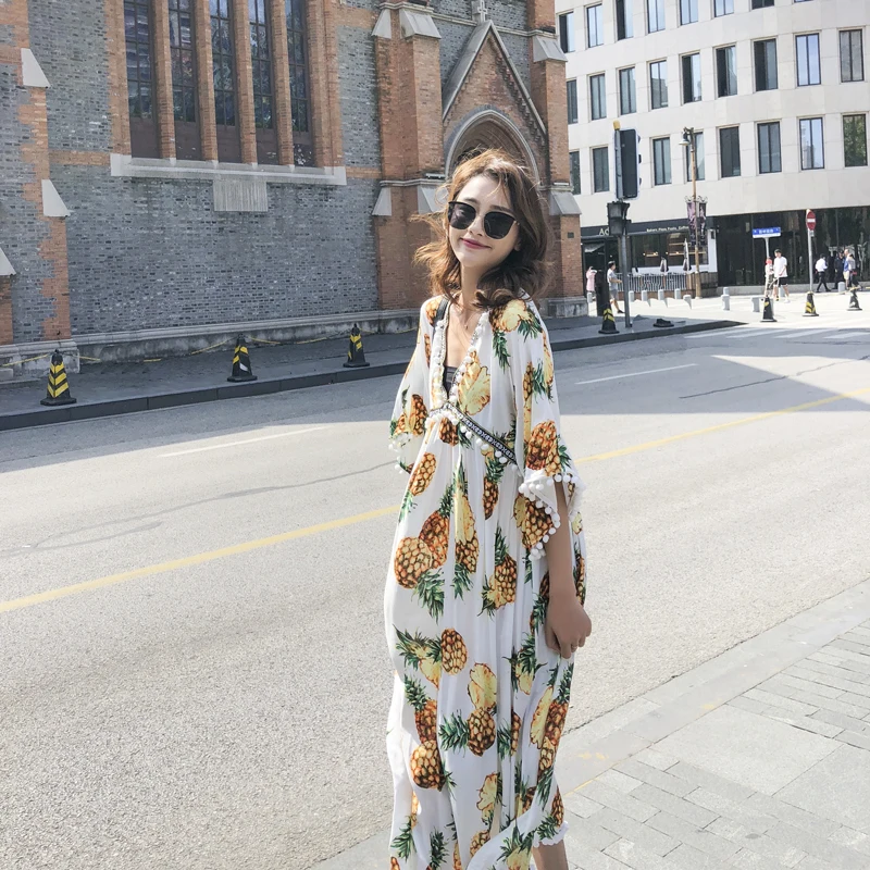 Женское модное платье с v образным вырезом свободное летнее милым принтом