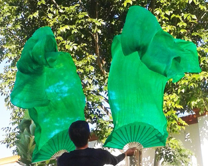 

2016 female high quality Chinese 1 Pair of belly dancing fans cheap hot sale pure green silk veils dance fans