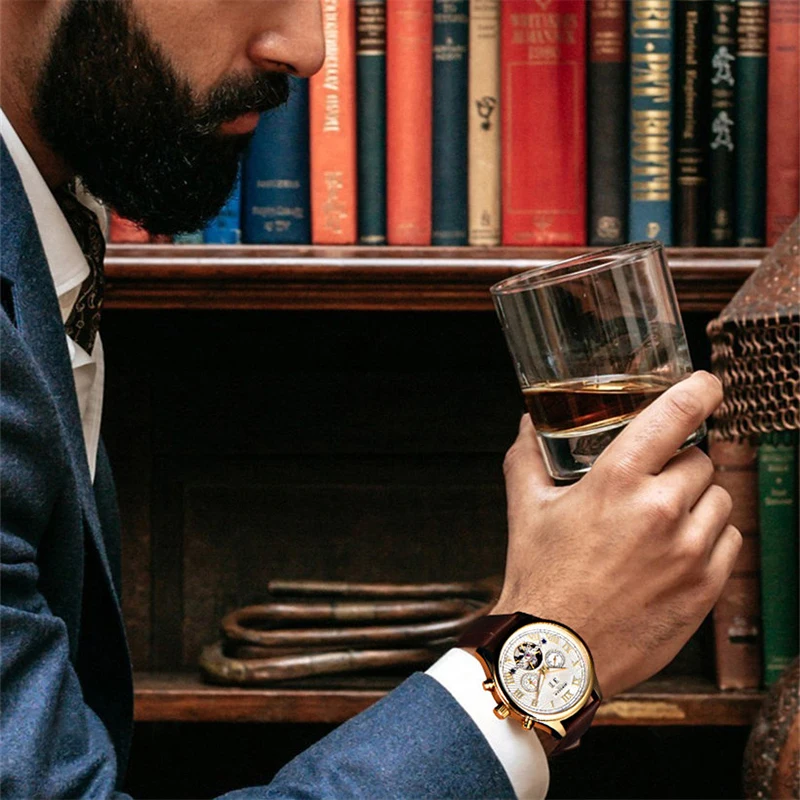 BINSSAW Мужские автоматические механические часы Tourbillon из натуральной кожи мужские