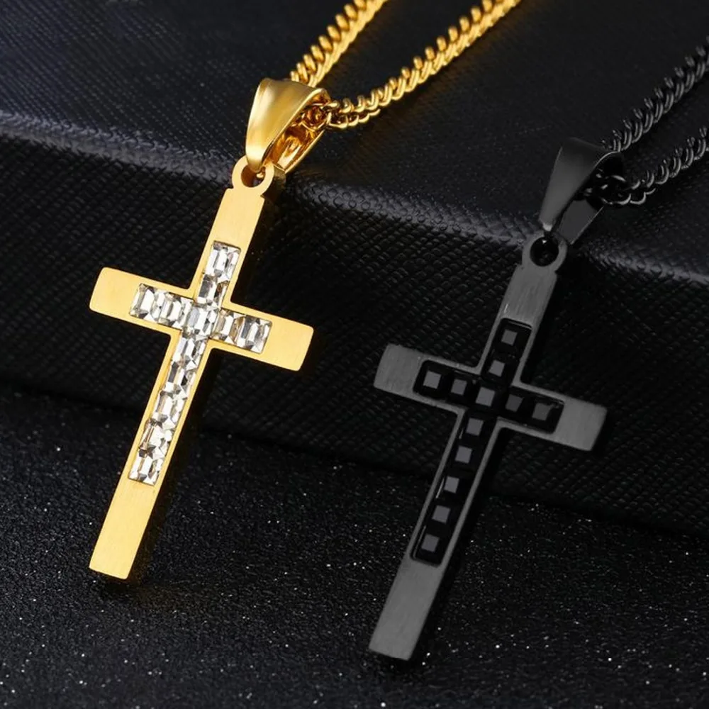 

Top Design 316L Stainless Steel Gold Black Tone Cross Crucifix Men Women Pendant Necklace Free Box Chain 24" Unisex's Jewelry