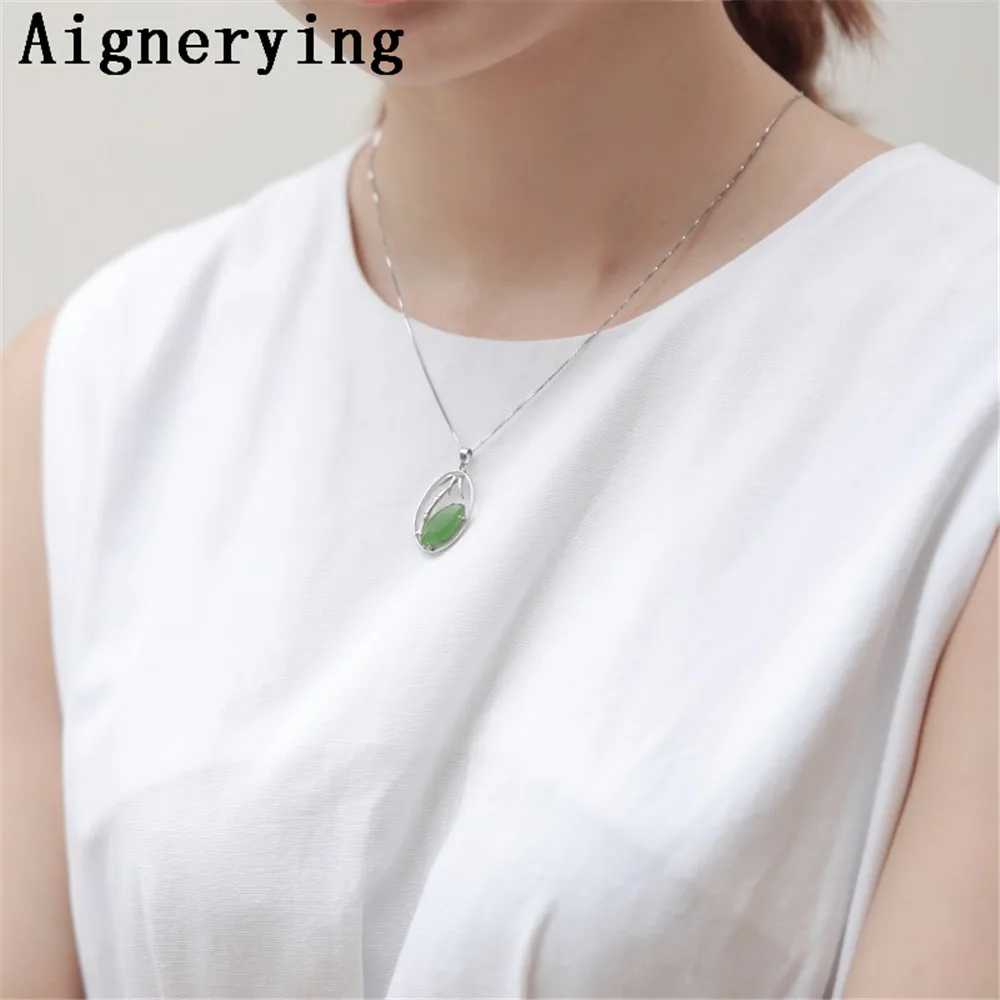 

Vintage Pendant Bamboo Certificate 925 silver Necklace Green Jade Zircon Inlaid Green Jade Cute For Woman Charm Gift with Box