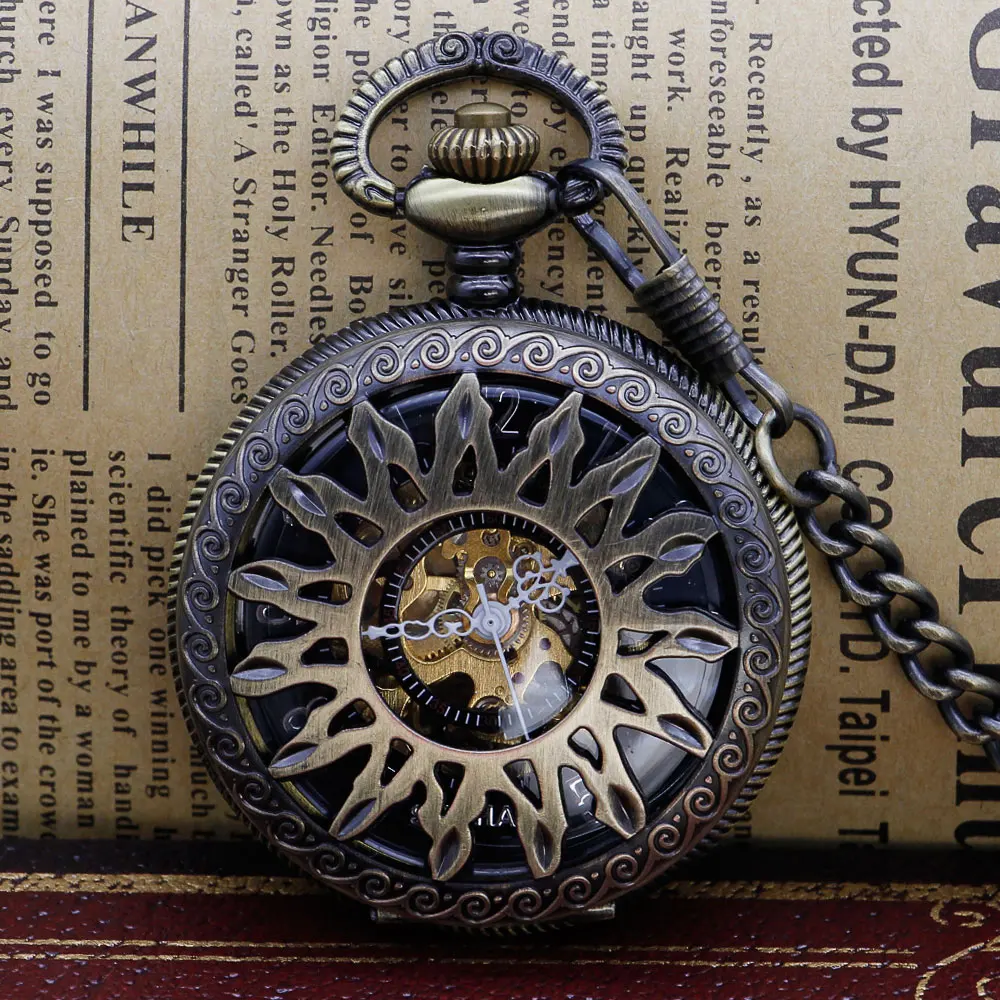 Модные Винтажные Механические карманные часы с подсолнухами, мужские антикварные часы-скелетоны на цепочке для мужчин и женщин PJX1307