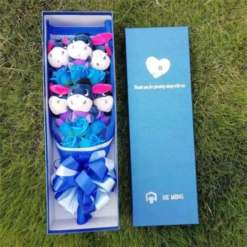 with box blue Симпатичные мягкие Ослик Eeyore с мыльными цветами букеты из игрушек материал животных Необычные плюшевые игрушки подарок на день Святого Валентина/выпускной - Цвет: with box blue