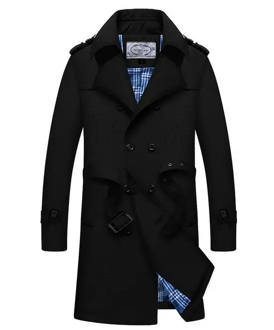 Черный British Trench Men Slim Double Breasted Mens Long Trench Coat Trenchcoat Jacket Male Coat TBusiness Casual rench - Цвет: Черный
