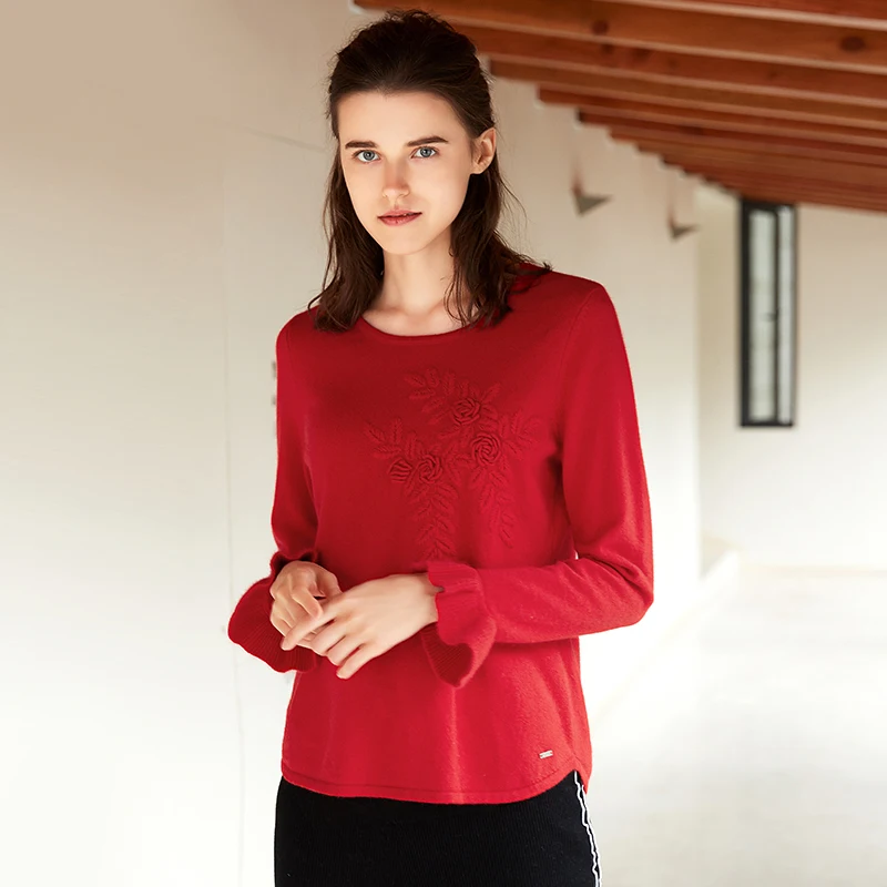 

ZHILI 2018 New Autumn Winter O-Neck Ruffles Sleeve Pullover Cashmere Sweater
