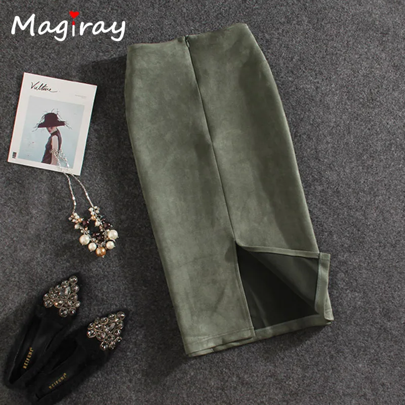 green Magiray Harajuku юбка-карандаш с высокой талией, Женская замшевая Юбка До Колена, осенняя Зимняя юбка, винтажная Сексуальная черная розовая юбка C465 - Цвет: green