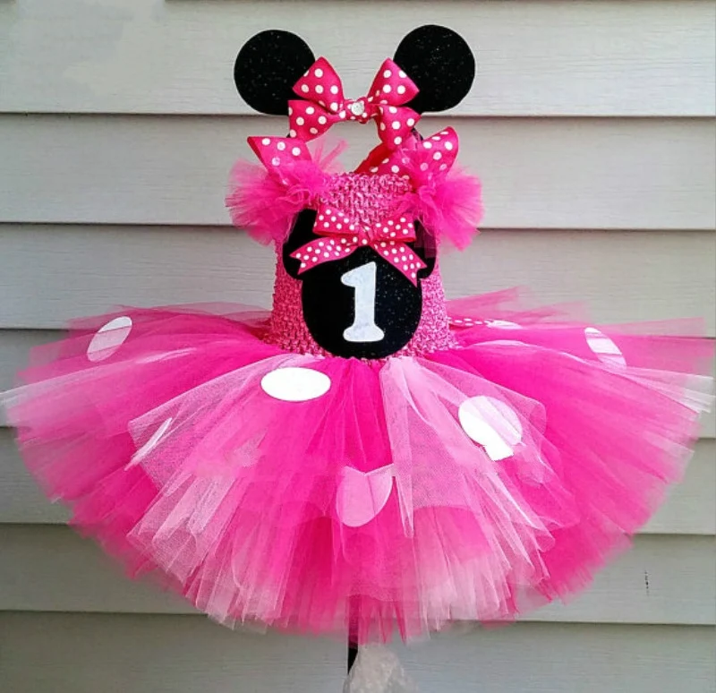 Cute Girls Pink Mickey Tutu Dress Baby Crochet Tulle Dress with White Dots and Hairbow Kids Birthday Party Cartoon Cosplay Dress
