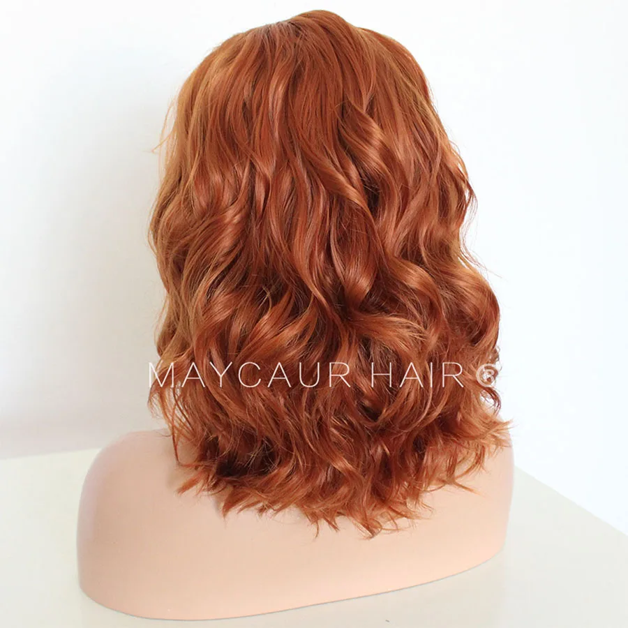 Maycaur Orange Color Front Lace Bob Wigs Glueless Short Wavy Hair Synthetic Lace Front Wigs for Black Women 14 Inch