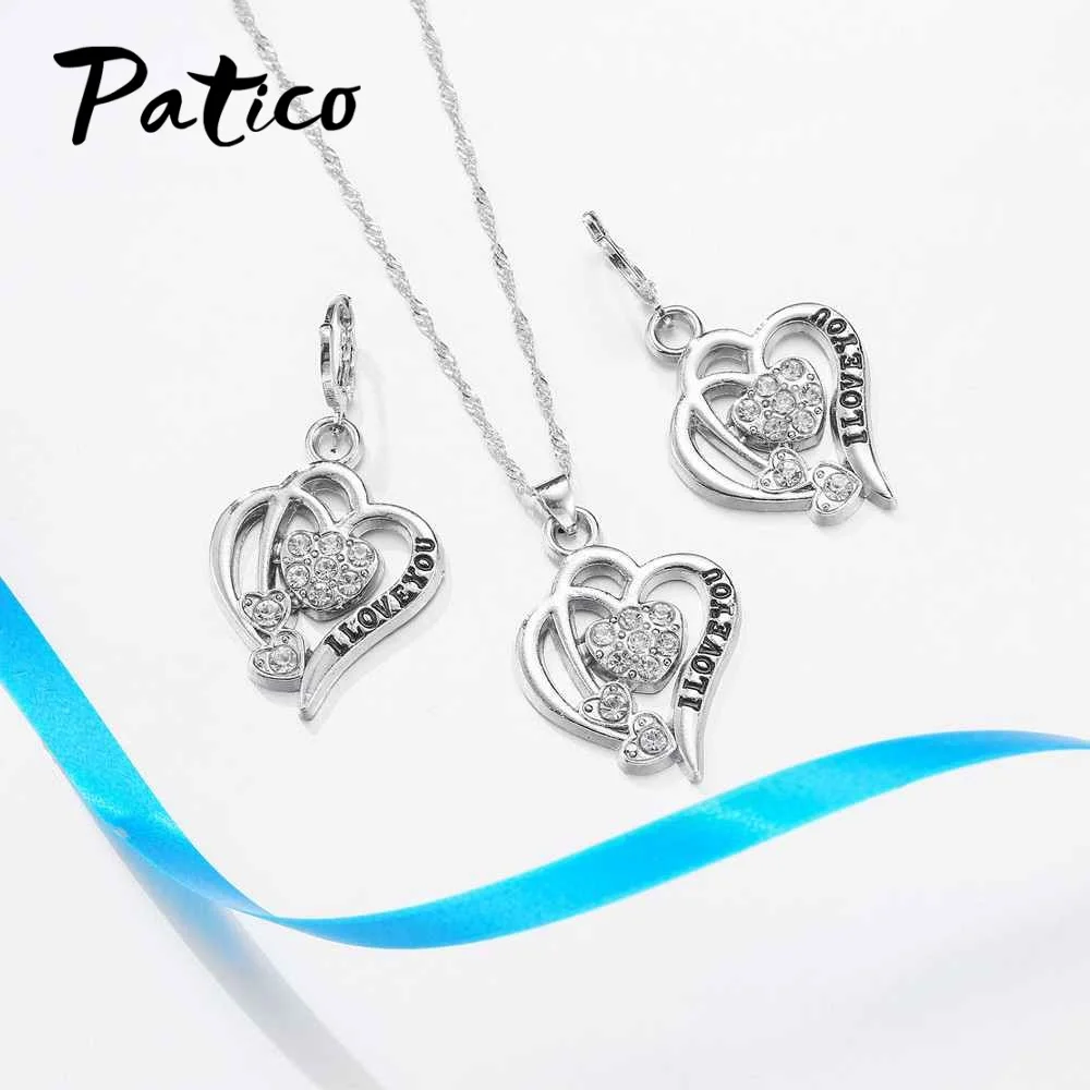 I Love You Heart Necklace Earrings Jewelry Sets for Women Gifts 925 Sterling Silver Cubic Zircon Wedding Engagement Bijou | Украшения и