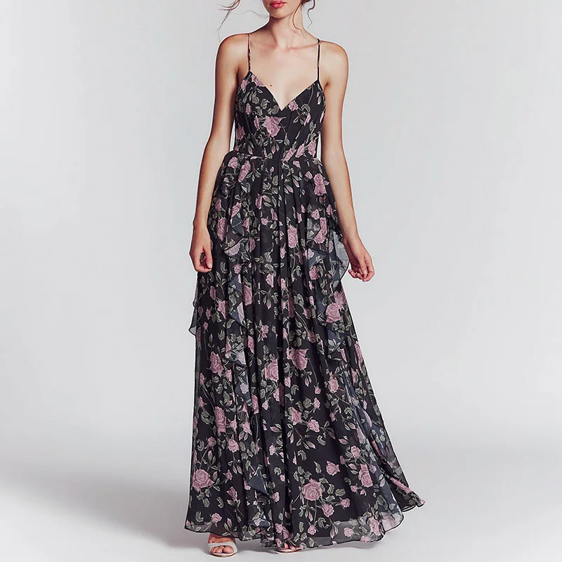 Vintage floral print maxi dress women Summer ruffle chiffon sleeveless plus size vestidos Sexy backless long festa | Женская одежда