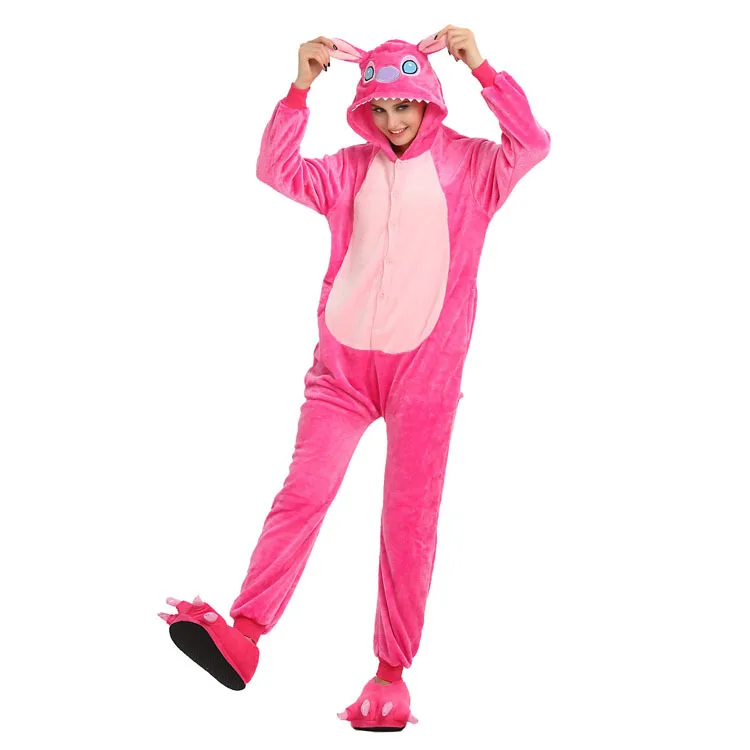 Stich pink Кигуруми, зимняя Пижама с единорогом, Ститч, пижама с животными, комбинезон для женщин, мужчин, унисекс, для взрослых, фланелевая ночная рубашка, комплекты домашней одежды - Цвет: Stich pink