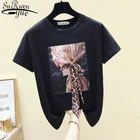 Корейская белая футболка, повседневная черная футболка, женская одежда, летняя футболка с круглым вырезом и коротким рукавом, Винтажная футболка, топы 4862 50