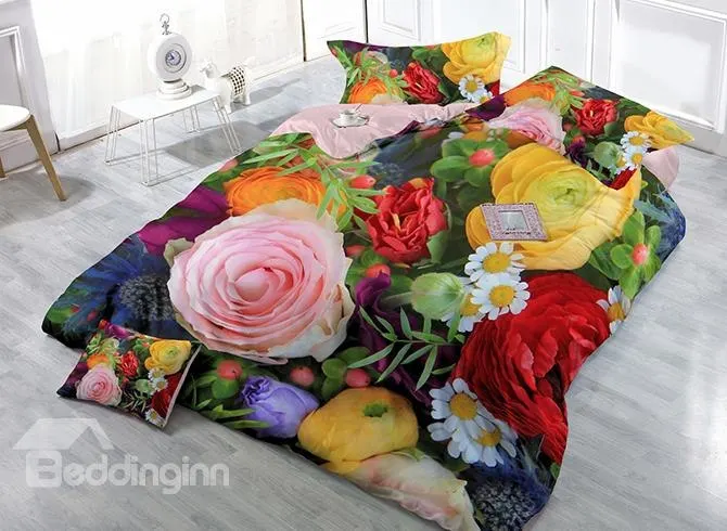 Vibrant Colorful Flowers Print Satin Drill 3-Piece Cotton Duvet Cover Sets | Дом и сад
