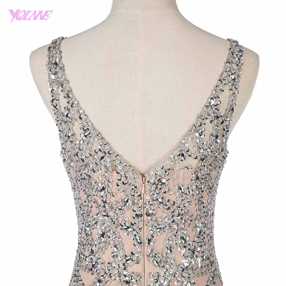 

Sexy Silver Nude Crystals Jumpsuit Evening Dress Long Sleeveless V-Neck Evening Gowns