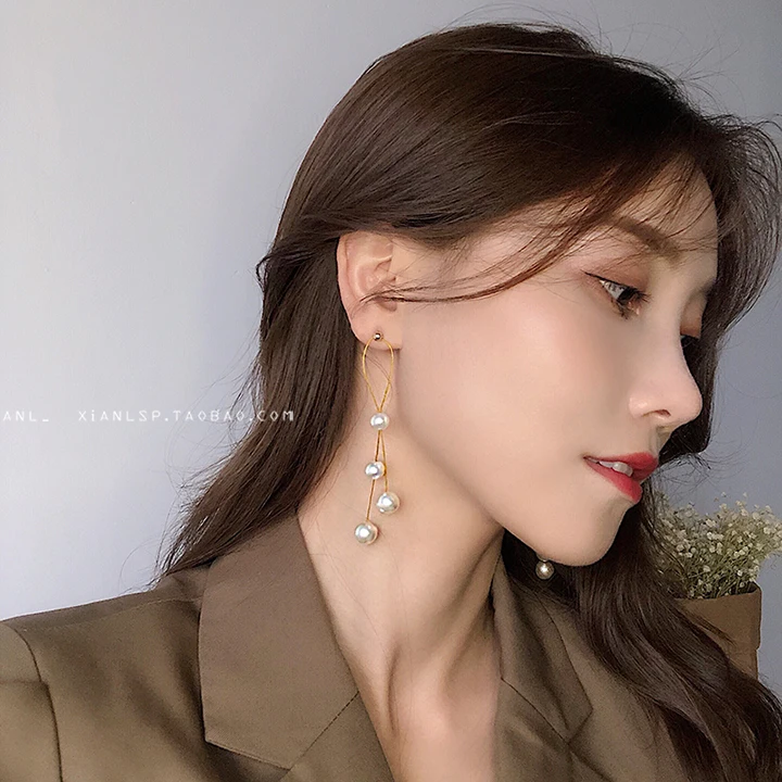 

HUANZHI Korean 2019 S925 Needle New Imitation Pearls Tassel Long Drop Earrings for Women Girls Party Vacation Wedding