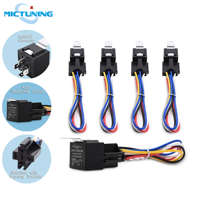 MICTUNING 5 шт. 30/40A автомобиля SPDT реле 12V 5-зубец автомобильный жгут проводов разъем w/Цвет-маркированы как провода Водонепроницаемый автомеханический переключатель