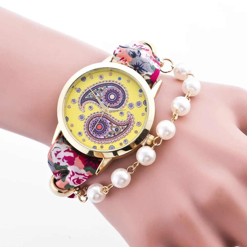 REEBONZ Набивные Ткани Ремень Перл Подвеска женские Кварцевые Часы Дамы Наручные