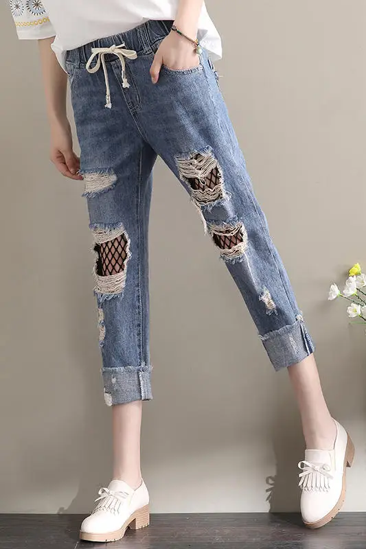 Отверстие джинсы карандаш брюки летние Ленточки чистая середины талии Зауженные