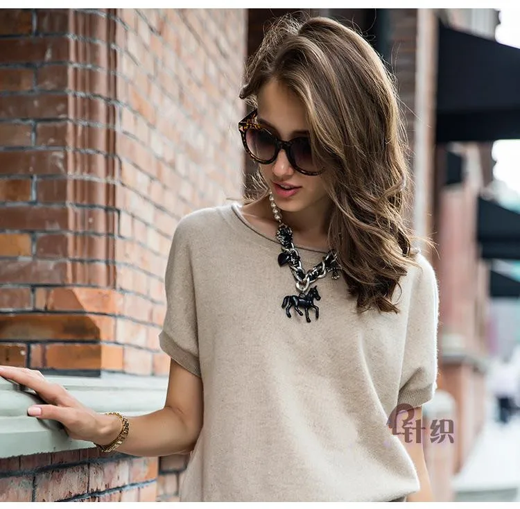 Женский кашемировый пуловер с круглым вырезом коротким рукавом летучая мышь |